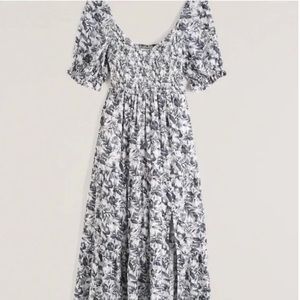 Smocked blue floral print midi dress Abercrombie